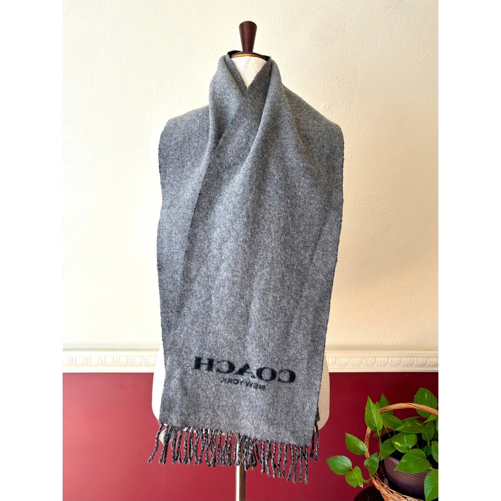 Coach Signature Bi-Color Logo Scarf Wool Cashmere Blend Black Grey Fringe 76053 - Picture 3 of 9